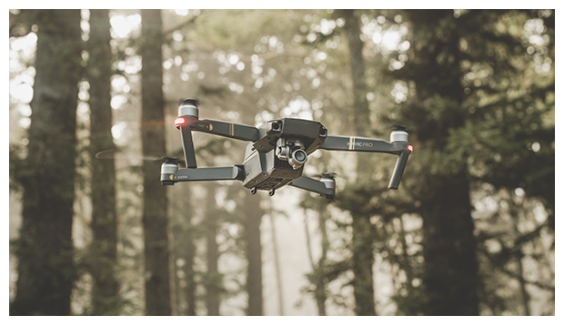 drone flying in forest