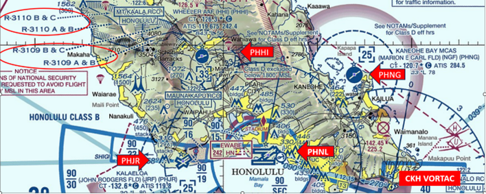 Image of HNL proximity to other avoidance areas including Kalaeloa (John Rodgers Field) (JRF)(PHJR), Wheeler AAF (HHI)(PHHI), Kaneohe Bay MCAS (NGF)(PHNG) airspace and Restricted Areas R3109 and R3110.